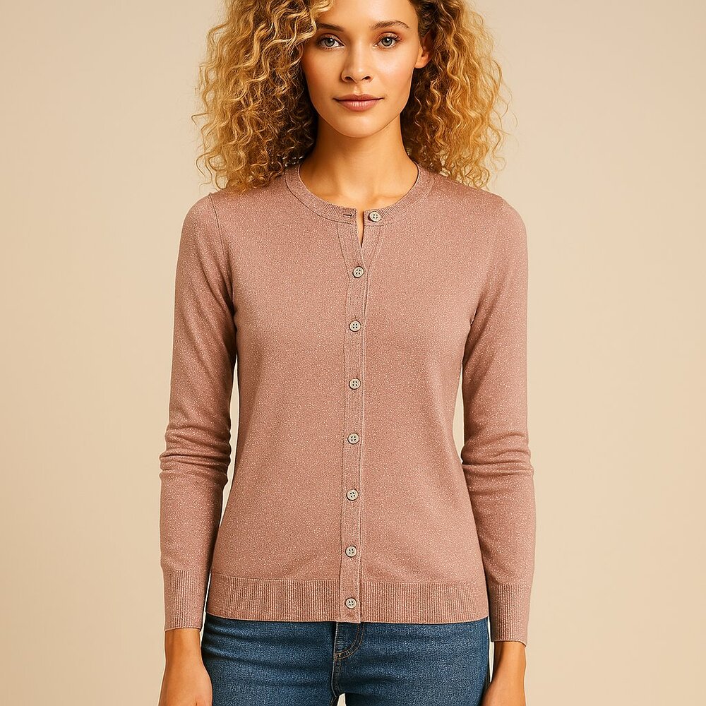 Nicole Miller Pink Metallic Cardigan – Soft Sparkle Knit, Button Front, Size Med